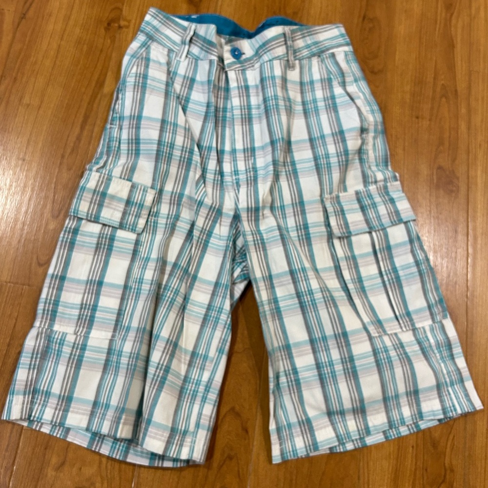 Roadblock Plaid Cargo Shorts in Blue and White - Size 16